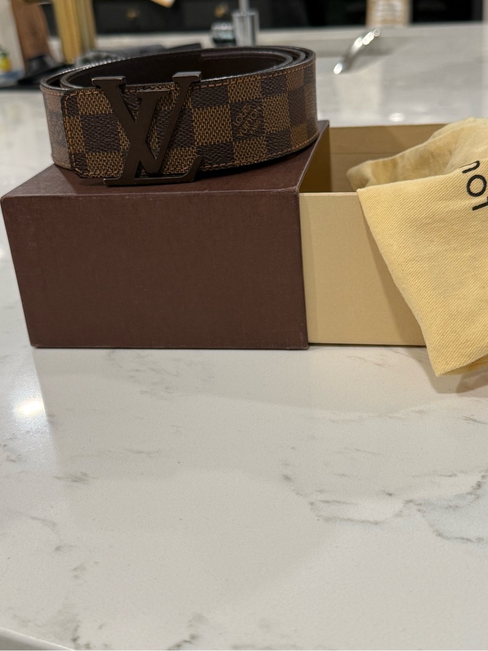 Louis Vuitton Damier Ebene Canvas Belt with Dark Brown LV Buckle